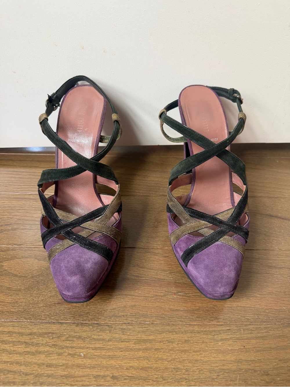Miu Miu Archival Suede Colorblock Multi Strap Platform Cone Heels Purple 38.5